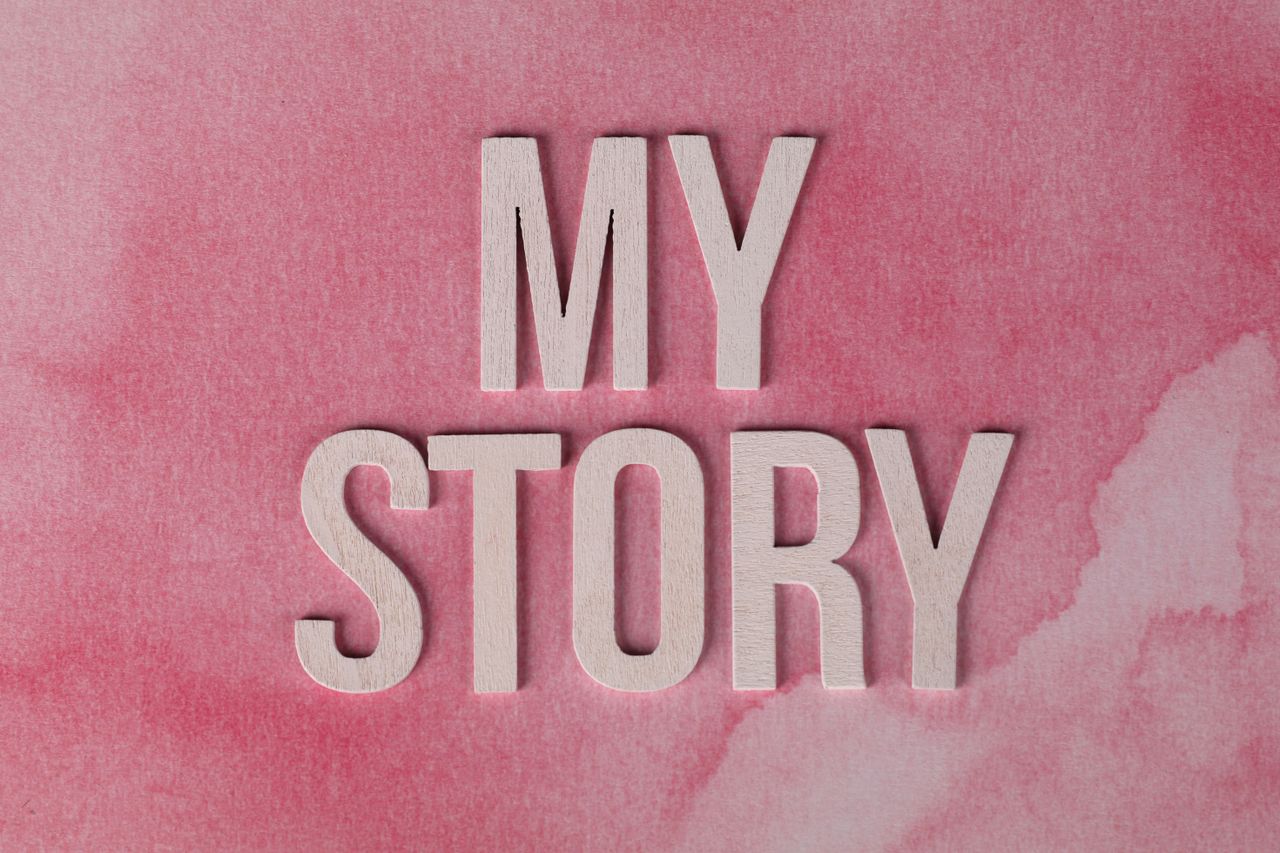 Soft pink watercolor background featuring the text My Story for personal journaling or storytelling themes.